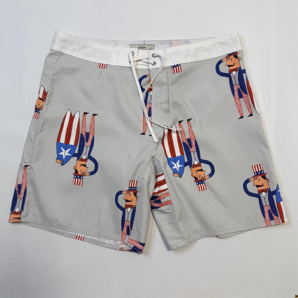 Wellen Swim Trunks Mens 36 Gray Uncle Sam USA Flag Board Shorts Made In USA